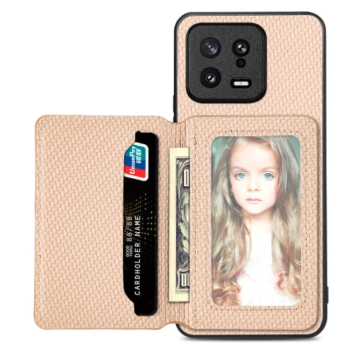 For Xiaomi 13 Carbon Fiber Magnetic Card Bag Phone Case(Khaki)
