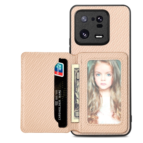 

For Xiaomi 13 Pro Carbon Fiber Magnetic Card Bag Phone Case(Khaki)
