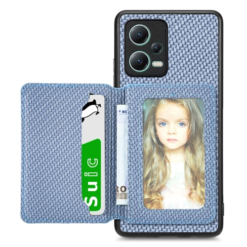 

For Redmi Note 12 5G Carbon Fiber Magnetic Card Bag Phone Case(Blue)