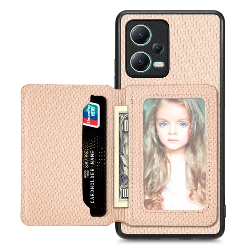 

For Redmi Note 12 5G Carbon Fiber Magnetic Card Bag Phone Case(Khaki)