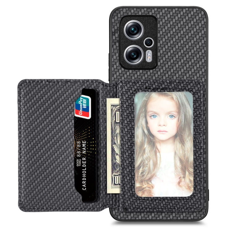 

For Redmi Note 11T Pro 5G Carbon Fiber Magnetic Card Bag Phone Case(Black)