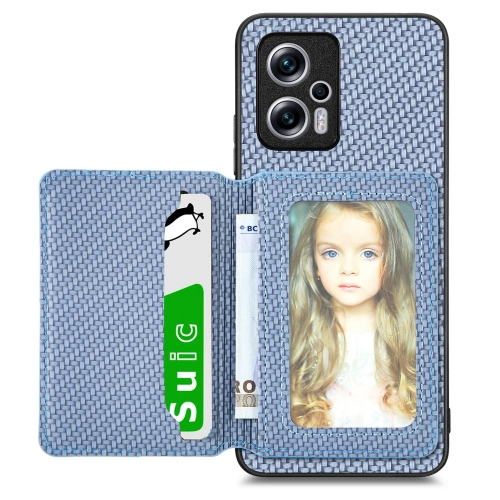 

For Redmi Note 11T Pro 5G Carbon Fiber Magnetic Card Bag Phone Case(Blue)