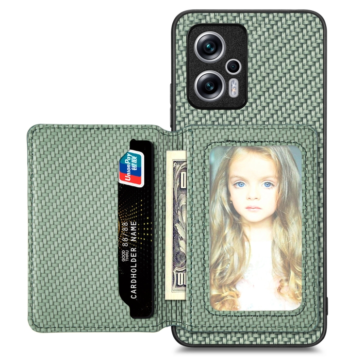 

For Redmi Note 11T Pro 5G Carbon Fiber Magnetic Card Bag Phone Case(Green)