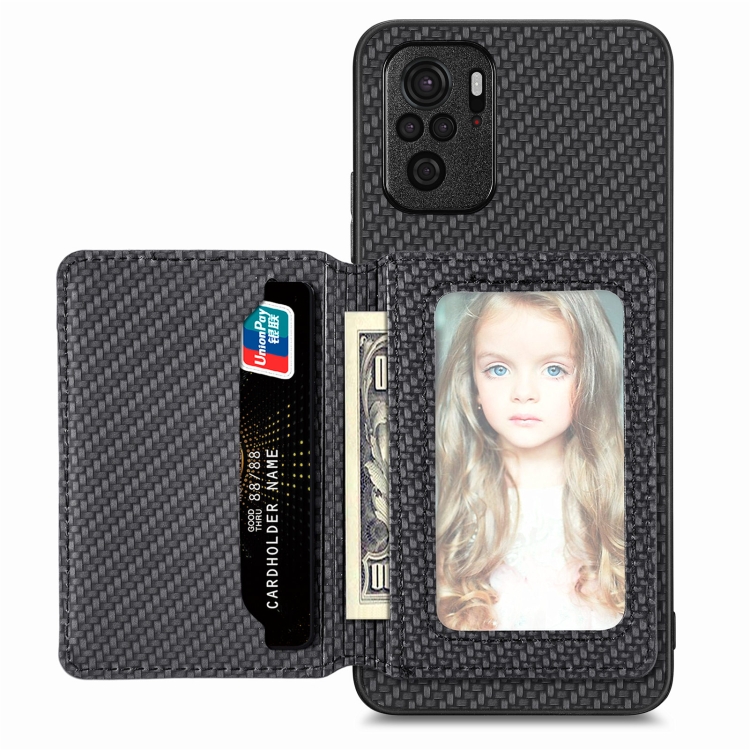 

For Redmi Note 10 4G Carbon Fiber Magnetic Card Bag Phone Case(Black)