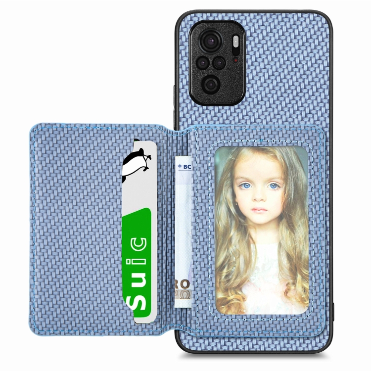 

For Redmi Note 10 4G Carbon Fiber Magnetic Card Bag Phone Case(Blue)