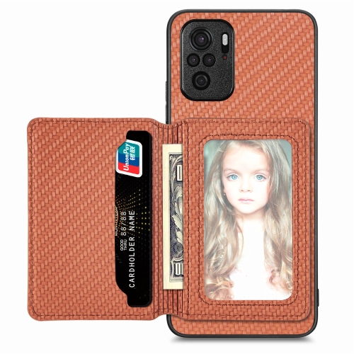 

For Redmi Note 10 4G Carbon Fiber Magnetic Card Bag Phone Case(Brown)
