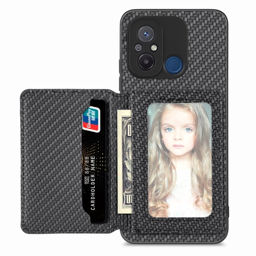 

For Redmi 12C Carbon Fiber Magnetic Card Bag Phone Case(Black)