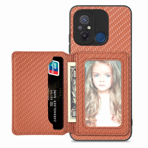 

For Redmi 12C Carbon Fiber Magnetic Card Bag Phone Case(Brown)
