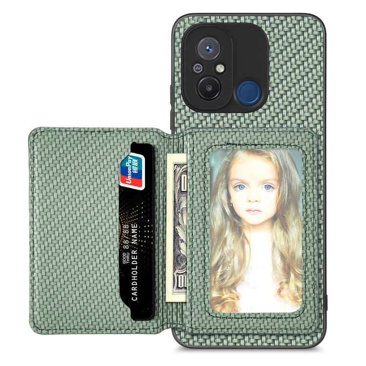 

For Redmi 12C Carbon Fiber Magnetic Card Bag Phone Case(Green)