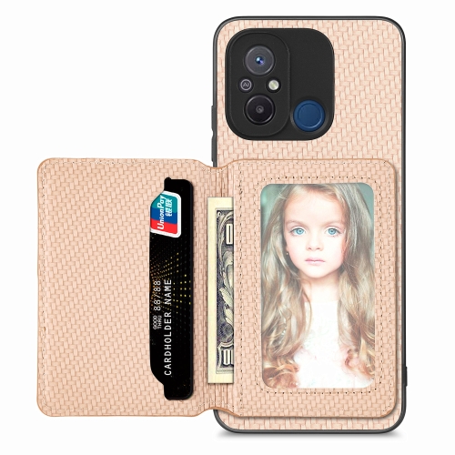 

For Redmi 12C Carbon Fiber Magnetic Card Bag Phone Case(Khaki)