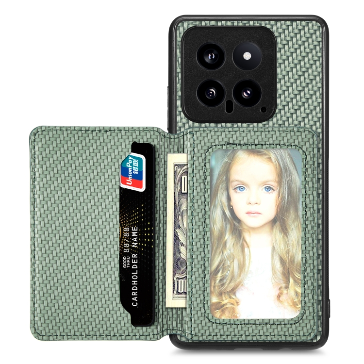 

For Xiaomi 14 Carbon Fiber Magnetic Card Bag Phone Case(Green)