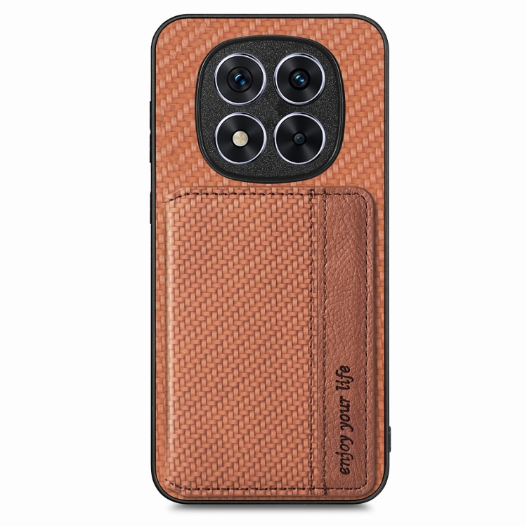 

For Redmi Note 14 5G Carbon Fiber Magnetic Card Bag Phone Case(Brown)