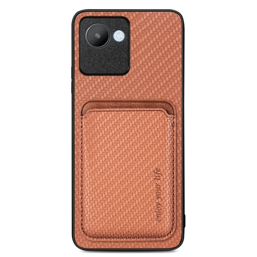 

For Realme C30 Carbon Fiber Leather Card Magsafe Phone Case(Brown)