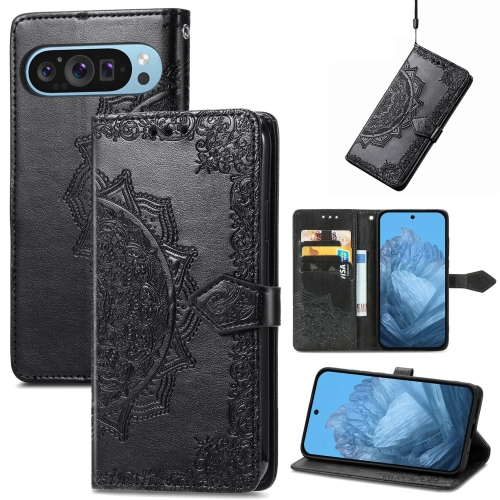 

For Google Pixel 9 Mandala Flower Embossed Leather Phone Case(Black)