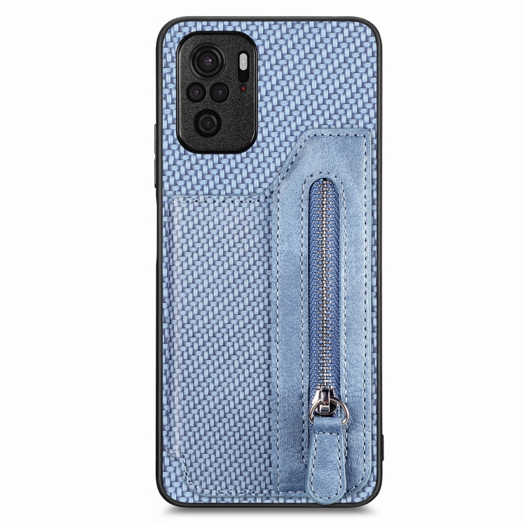 

For Redmi Note 10 4G Carbon Fiber Horizontal Flip Zipper Wallet Phone Case(Blue)