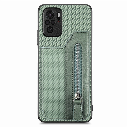 

For Redmi Note 10 4G Carbon Fiber Horizontal Flip Zipper Wallet Phone Case(Green)