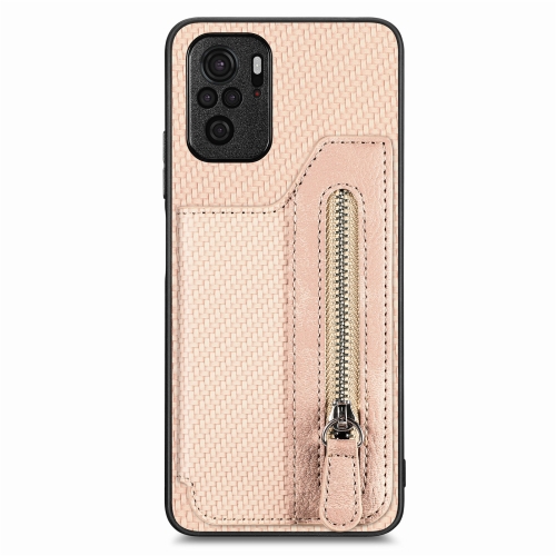 

For Redmi Note 10 4G Carbon Fiber Horizontal Flip Zipper Wallet Phone Case(Khaki)