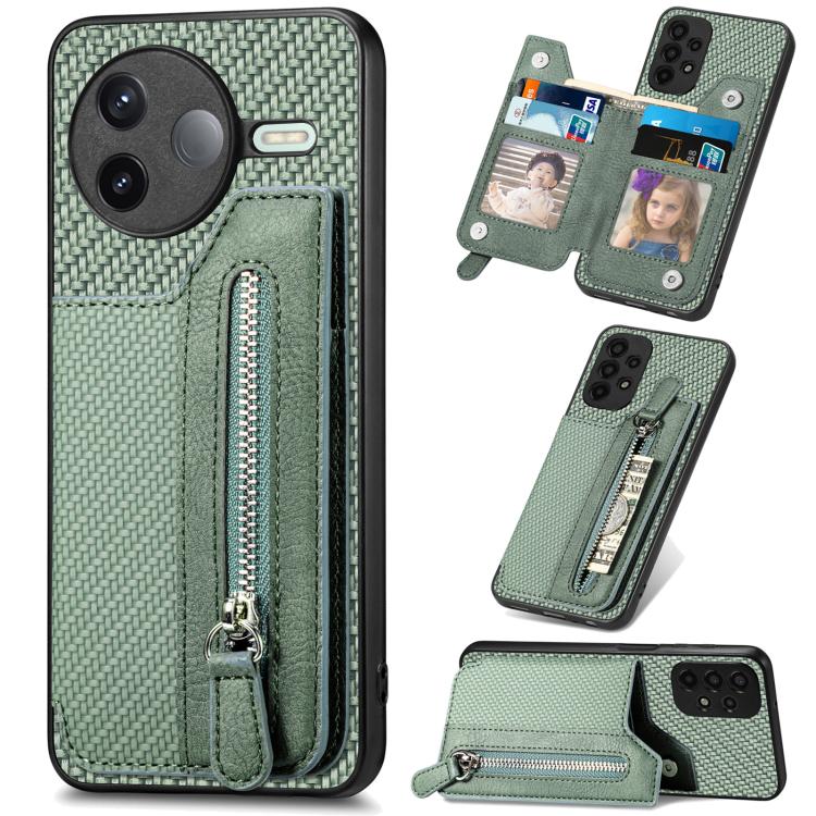 

For Redmi K80 / Poco F7 Pro Carbon Fiber Horizontal Flip Zipper Wallet Phone Case(Green)