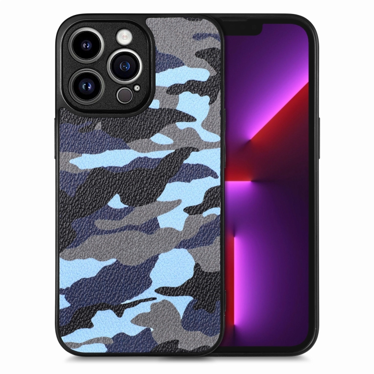 

For iPhone 13 Pro Camouflage Leather Back Cover Phone Case(Blue)