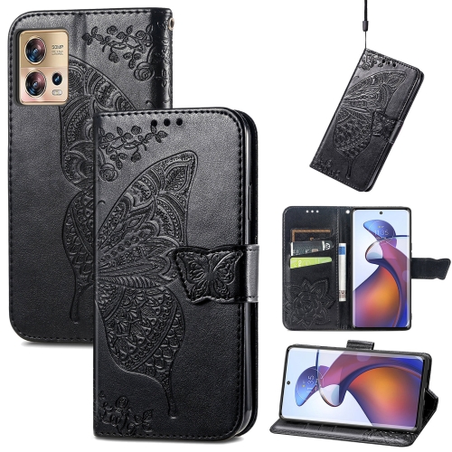 

For Motorola Moto Edge 30 Fusion Butterfly Love Flower Embossed Leather Phone Case(Black)