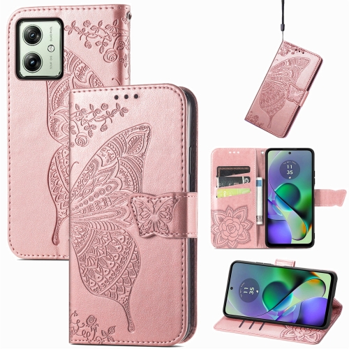 

For Motorola Moto G54 5G Butterfly Love Flower Embossed Leather Phone Case(Rose Pink)