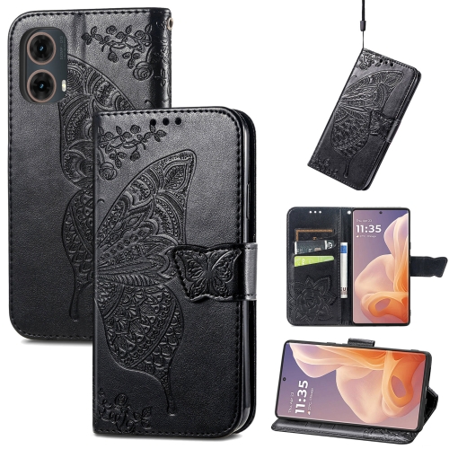 

For Motorola Moto G85 Butterfly Love Flower Embossed Leather Phone Case(Black)