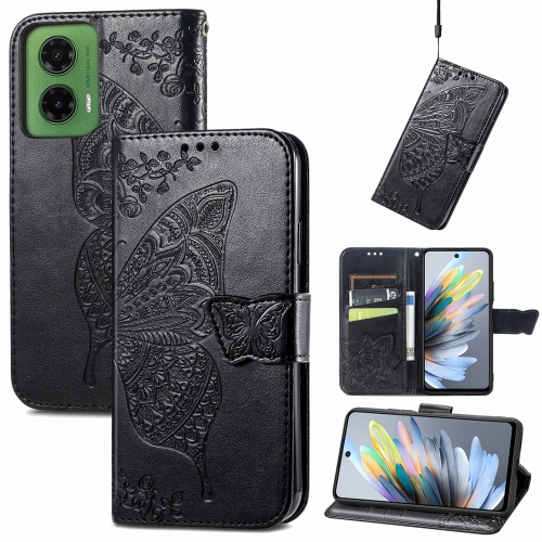 

For Motorola Moto G35 Butterfly Love Flower Embossed Leather Phone Case(Black)