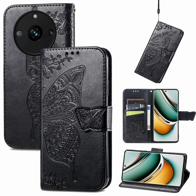 

For Realme 11 Pro Butterfly Love Flower Embossed Leather Phone Case(Black)