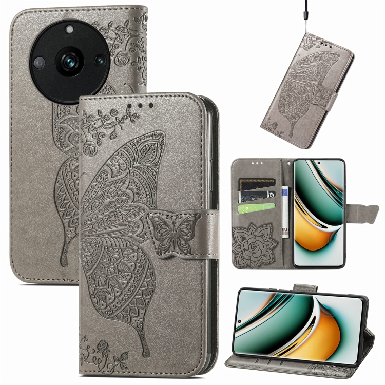 

For Realme 11 Pro Butterfly Love Flower Embossed Leather Phone Case(Gray)