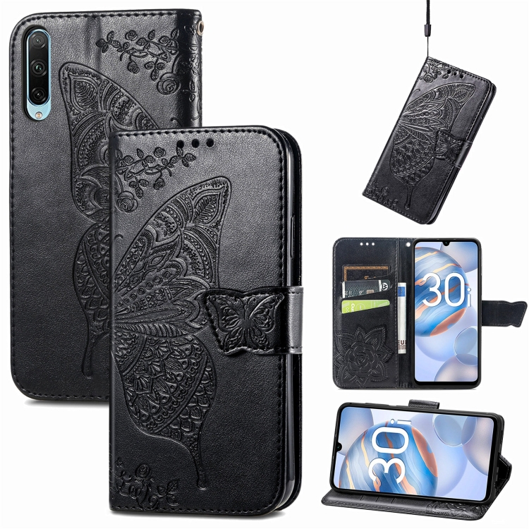 

For Honor 30i Butterfly Love Flower Embossed Leather Phone Case(Black)