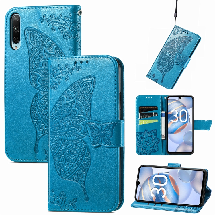 

For Honor 30i Butterfly Love Flower Embossed Leather Phone Case(Blue)