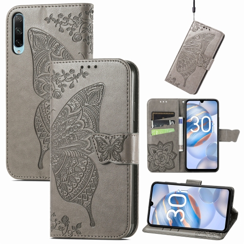 

For Honor 30i Butterfly Love Flower Embossed Leather Phone Case(Gray)