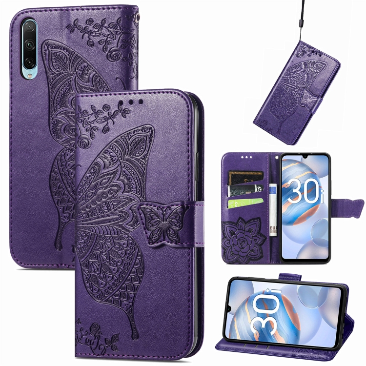 

For Honor 30i Butterfly Love Flower Embossed Leather Phone Case(Dark Purple)