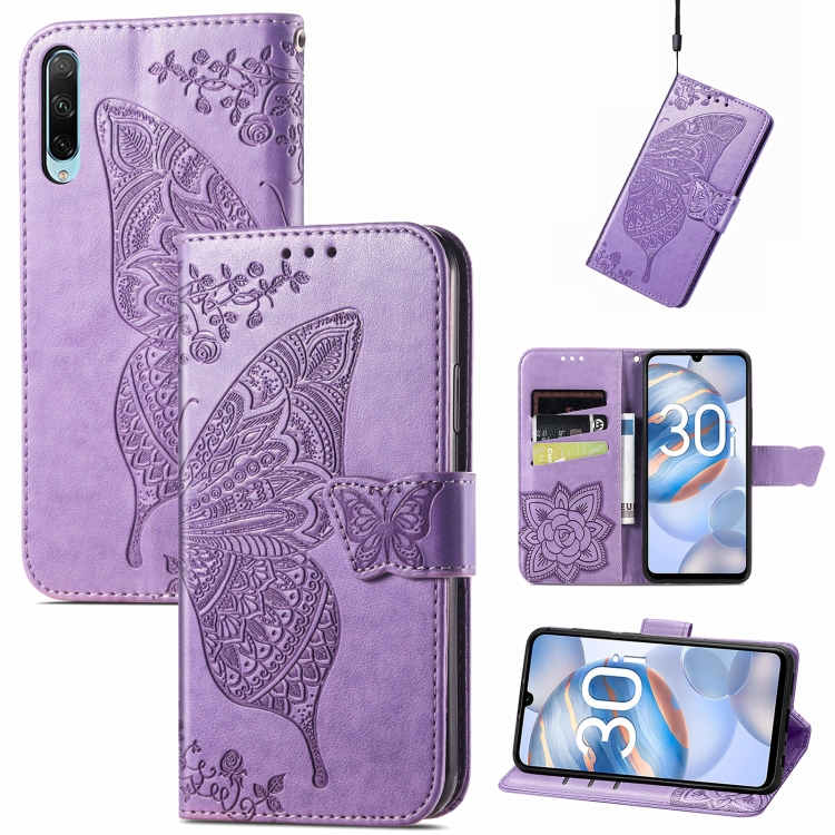 

For Honor 30i Butterfly Love Flower Embossed Leather Phone Case(Light Purple)