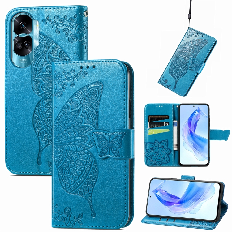 

For Honor 90 Lite Butterfly Love Flower Embossed Leather Phone Case(Blue)