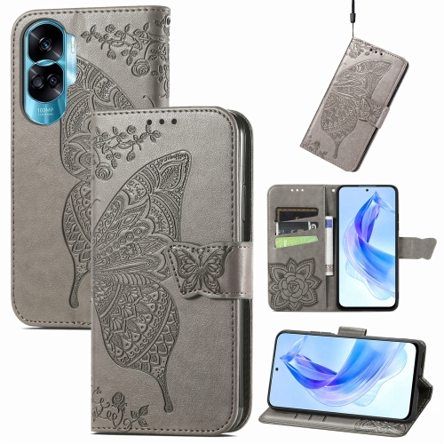 

For Honor 90 Lite Butterfly Love Flower Embossed Leather Phone Case(Gray)