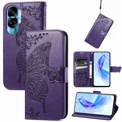 

For Honor 90 Lite Butterfly Love Flower Embossed Leather Phone Case(Dark Purple)