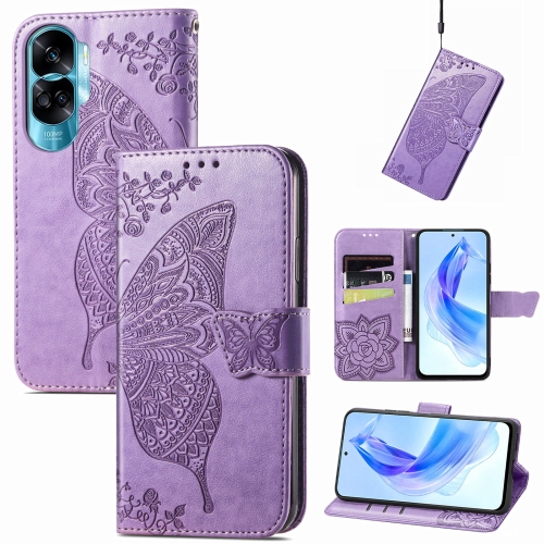 

For Honor 90 Lite Butterfly Love Flower Embossed Leather Phone Case(Light Purple)