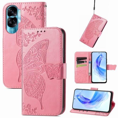 

For Honor 90 Lite Butterfly Love Flower Embossed Leather Phone Case(Pink)