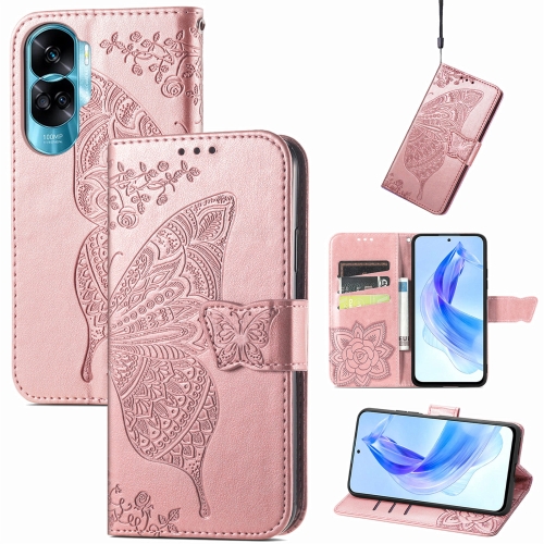 

For Honor 90 Lite Butterfly Love Flower Embossed Leather Phone Case(Rose Gold)