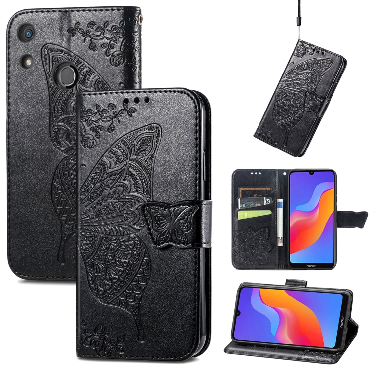 

For Honor 8A Butterfly Love Flower Embossed Leather Phone Case(Black)