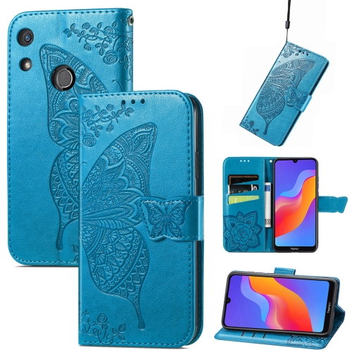

For Honor 8A Butterfly Love Flower Embossed Leather Phone Case(Blue)
