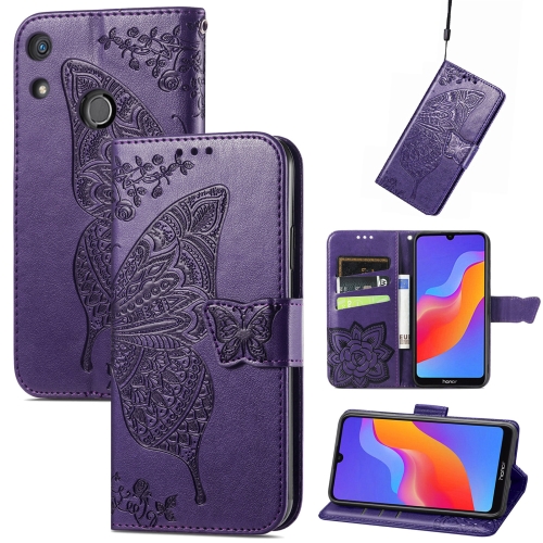 

For Honor 8A Butterfly Love Flower Embossed Leather Phone Case(Dark Purple)