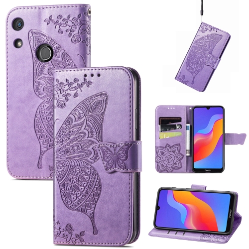 

For Honor 8A Butterfly Love Flower Embossed Leather Phone Case(Light Purple)