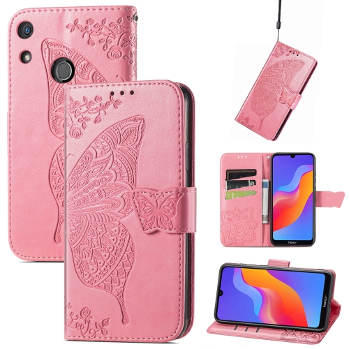 

For Honor 8A Butterfly Love Flower Embossed Leather Phone Case(Pink)