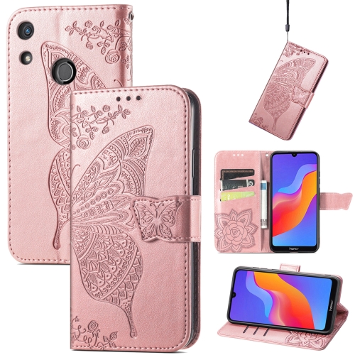 

For Honor 8A Butterfly Love Flower Embossed Leather Phone Case(Rose Gold)