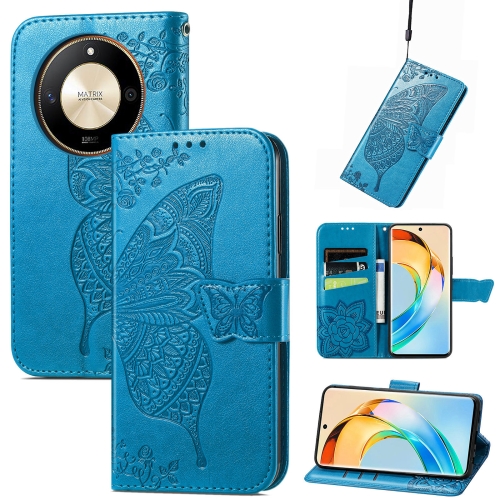 

For Honor X50 Butterfly Love Flower Embossed Leather Phone Case(Blue)