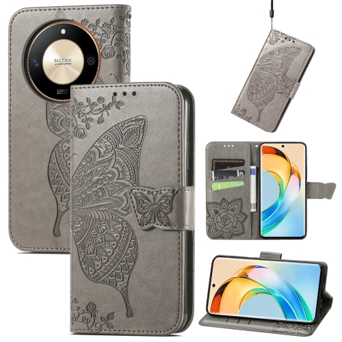 

For Honor X50 Butterfly Love Flower Embossed Leather Phone Case(Gray)