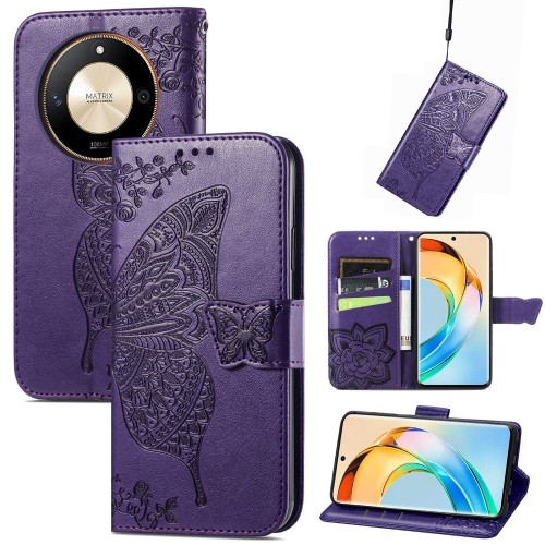 

For Honor X50 Butterfly Love Flower Embossed Leather Phone Case(Dark Purple)
