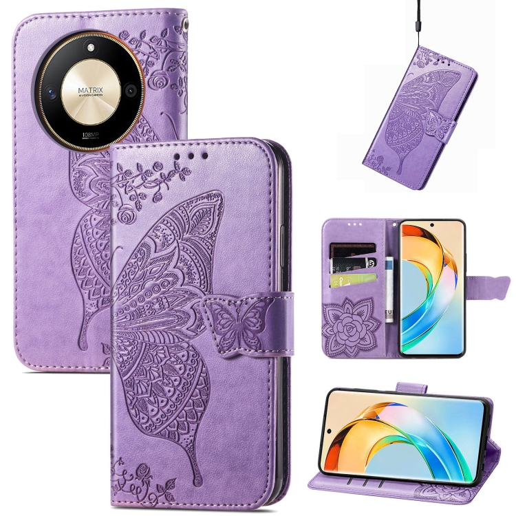 

For Honor X50 Butterfly Love Flower Embossed Leather Phone Case(Light Purple)